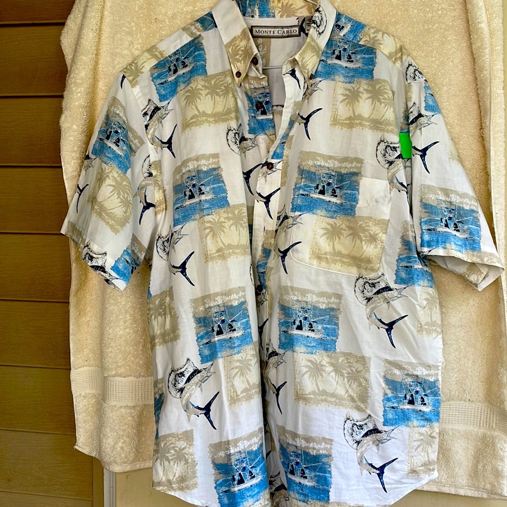 Monte Carlos Marlin Fish/Island Light Beige Hawaiian Style Shirt